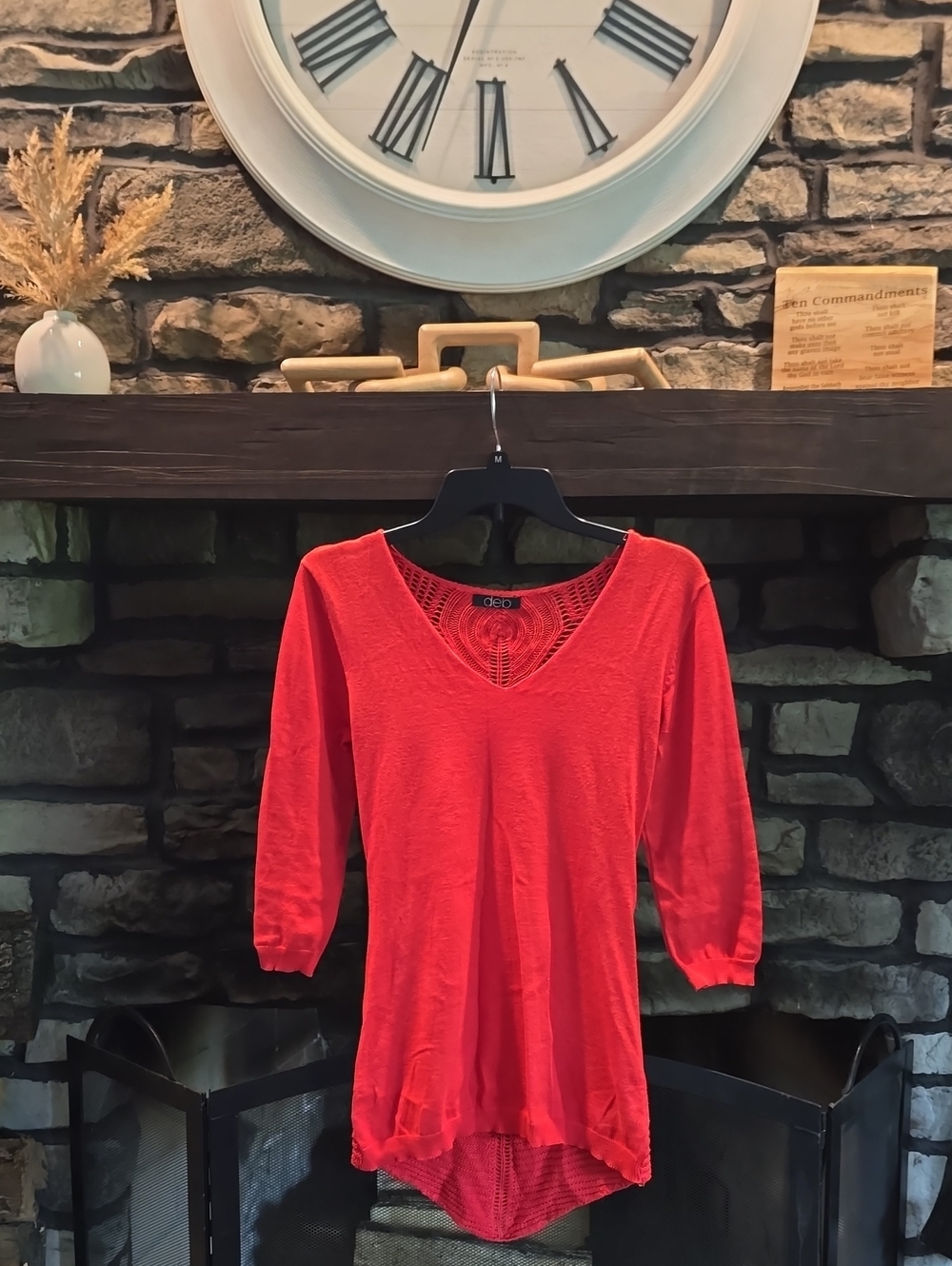 Deb Coral-Red V-Neck Long Sleeve Knit Top